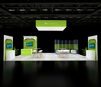 20x30 trade show booth with hanging sign, display walls, digital screens, and seating